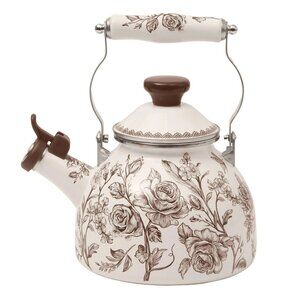 Pioneer Woman Agatha Enamel on Steel 1.8 Qt Whistling Tea Kettle Floral Brown